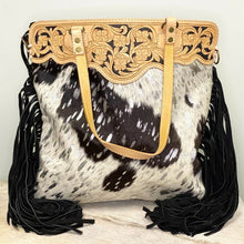 Load image into Gallery viewer, Western Hand Tooled Leather, Cowhide, Concealed Carry Purse, Genuine Cowhide, Western Purse, Hair On Hide Purse, Leather Fringe
