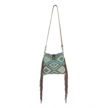 Load image into Gallery viewer, Myra Bag, Western Hand Tooled Leather Purse, Genuine Cowhide Purse, Canvas Purse, Boho Chic, Leather Fringe, Aztec Design
