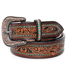 Load image into Gallery viewer, Womens Western Hand Tooled Leather Belt, Rodeo Belt, Embossed Leather Belt, Western Belt, Cowboy Belt, Cowgirl Belt, Studded Handmade Belt
