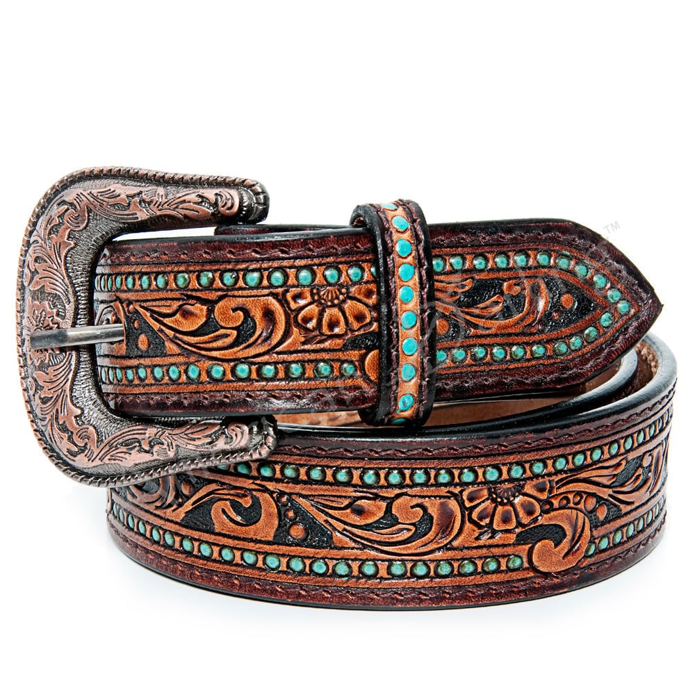 Womens Western Hand Tooled Leather Belt, Rodeo Belt, Embossed Leather Belt, Western Belt, Cowboy Belt, Cowgirl Belt, Studded Handmade Belt