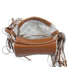 Load image into Gallery viewer, Myra Bag, Western Hand Tooled Leather Purse, Genuine Cowhide Purse, Leather Purse Boho Chic, Leather Fringe, Aztec Design
