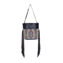 Load image into Gallery viewer, Myra Bag, Western Hand Tooled Leather Purse, Genuine Cowhide Purse, Canvas Purse Boho Chic, Leather Fringe, Aztec Design
