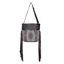 Load image into Gallery viewer, Myra Bag, Western Hand Tooled Leather Purse, Genuine Cowhide Purse, Canvas Purse Boho Chic, Leather Fringe, Aztec Design
