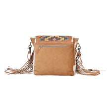 Load image into Gallery viewer, Myra Bag, Western Hand Tooled Leather Purse, Genuine Cowhide Purse, Canvas Purse Boho Chic, Leather Fringe, Aztec Design
