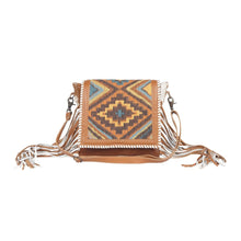 Load image into Gallery viewer, Myra Bag, Western Hand Tooled Leather Purse, Genuine Cowhide Purse, Canvas Purse Boho Chic, Leather Fringe, Aztec Design
