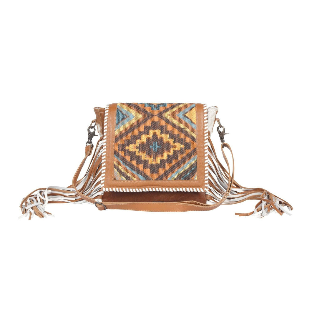 Myra Bag, Western Hand Tooled Leather Purse, Genuine Cowhide Purse, Canvas Purse Boho Chic, Leather Fringe, Aztec Design