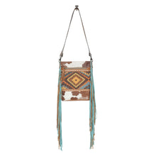 Load image into Gallery viewer, Myra Bag, Western Hand Tooled Leather Purse, Genuine Cowhide Purse, Canvas Purse, Boho Chic, Leather Fringe, Aztec Design
