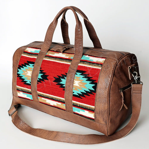 Western Hand Tooled Genuine Leather Aztec Southwest Weekender Duffle Purse, Weekender Travel Duffel, Leather Duffle