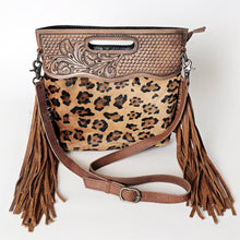 Load image into Gallery viewer, Western Hand Tooled Leather, Cowhide Purse Crossbody bag, Genuine Cowhide, Western Purse, Hair On Hide Purse, Leather Fringe
