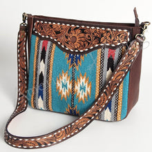 Load image into Gallery viewer, Western Purse Bag Crossbody, Hand Tooled Leather Strap, Aztec Purse, Southwest Saddle Blanket, Genuine Leather, Concealed Carry Purse
