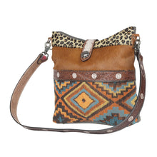 Load image into Gallery viewer, Myra Bag, Western Hand Tooled Leather Purse, Genuine Cowhide Purse, Canvas Purse, Boho Chic, Leather Fringe, Aztec Design
