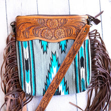 Load image into Gallery viewer, Western Hand Tooled Leather Purse, Cowhide Purse Crossbody bag, Saddle Blanket Bag, Genuine Cowhide, Western Purse, Leather Fringe
