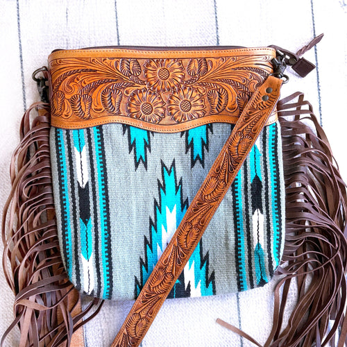 Western Hand Tooled Leather Purse, Cowhide Purse Crossbody bag, Saddle Blanket Bag, Genuine Cowhide, Western Purse, Leather Fringe