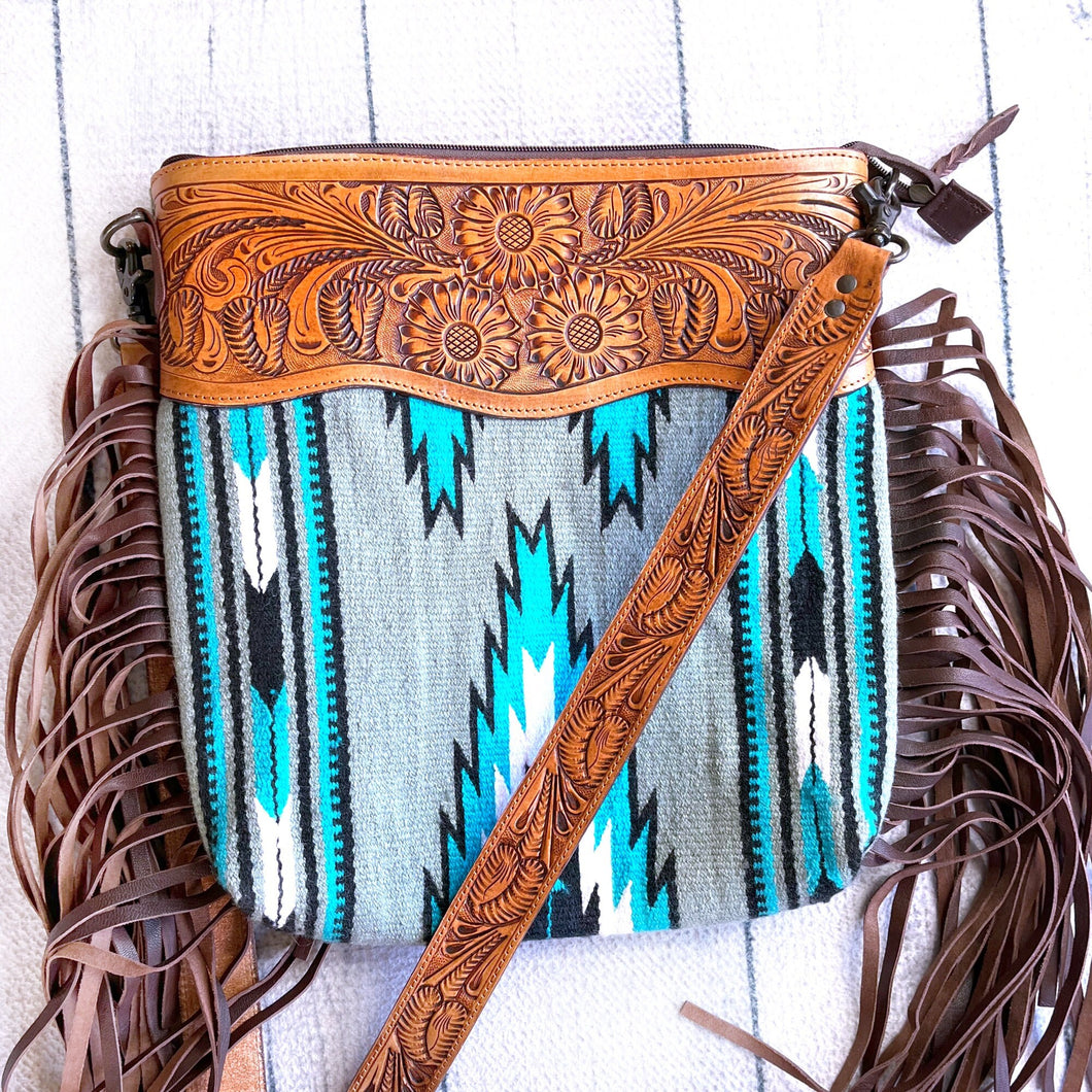 Western Hand Tooled Leather Purse, Cowhide Purse Crossbody bag, Saddle Blanket Bag, Genuine Cowhide, Western Purse, Leather Fringe