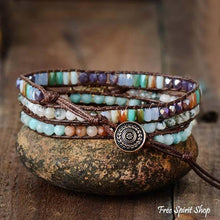 Load image into Gallery viewer, Blue Aventurine Bead Bracelet, Healing Protection Bracelet, Stone Bead Meditation Bracelet, Moonstone Inspiring Bracelet, Leather Wrap
