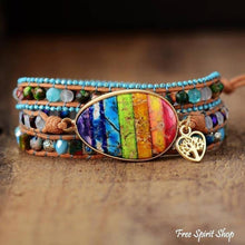 Load image into Gallery viewer, Rainbow bracelet, Chakra bracelet, boho festival, boho style jewelry, boho wrap bracelet, natural stone bracelet, handmade crystal bracelet
