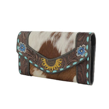 Load image into Gallery viewer, Myra Bag, Western Hand Tooled Leather Wallet Purse, Leather Wallet, Hair on Hide Wallet, Cowhide Wallet, Tooled Leather, Western Purse
