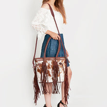 Load image into Gallery viewer, Western Hand Tooled Leather Purse, Concealed Carry Purse, Cowhide Purse, Saddle Blanket Bag, Genuine Cowhide, Western Purse, Leather Fringe
