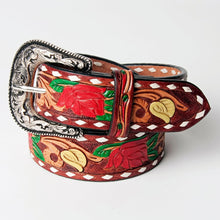 Load image into Gallery viewer, Womens Western Hand Tooled Leather Belt, Rodeo Belt, Embossed Leather Belt, Western Belt, Cowboy Belt, Cowgirl Belt, Studded Handmade Belt
