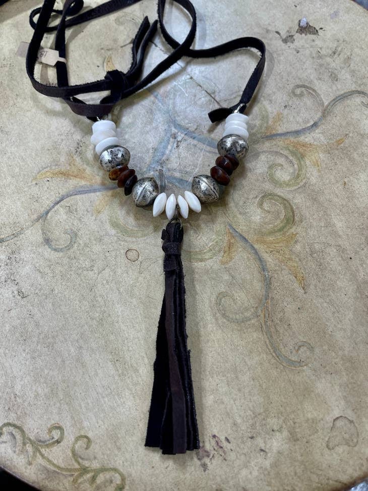 Carved Stone Bead Necklace For Women, Layering Gemstone Jewelry, Tassle Pendant Necklace, Crystal Necklace, Leather Necklace, Tibetan Beads