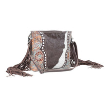 Load image into Gallery viewer, Myra Bag, Western Hand Tooled Leather Purse, Genuine Cowhide Purse, Leather Purse Boho Chic, Leather Fringe, Aztec Design
