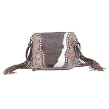 Load image into Gallery viewer, Myra Bag, Western Hand Tooled Leather Purse, Genuine Cowhide Purse, Leather Purse Boho Chic, Leather Fringe, Aztec Design
