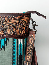 Load image into Gallery viewer, Western Hand Tooled Leather Purse, Cowhide Purse Crossbody bag, Saddle Blanket Bag, Genuine Cowhide, Western Purse, Leather Fringe
