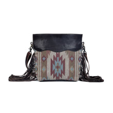 Load image into Gallery viewer, Myra Bag, Western Hand Tooled Leather Purse, Genuine Cowhide Purse, Canvas Purse Boho Chic, Leather Fringe, Aztec Design
