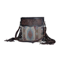 Load image into Gallery viewer, Myra Bag, Western Hand Tooled Leather Purse, Genuine Cowhide Purse, Canvas Purse Boho Chic, Leather Fringe, Aztec Design
