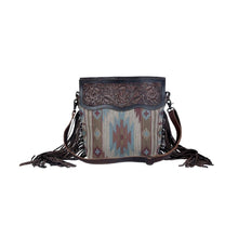 Load image into Gallery viewer, Myra Bag, Western Hand Tooled Leather Purse, Genuine Cowhide Purse, Canvas Purse Boho Chic, Leather Fringe, Aztec Design
