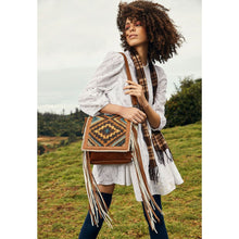 Load image into Gallery viewer, Myra Bag, Western Hand Tooled Leather Purse, Genuine Cowhide Purse, Canvas Purse Boho Chic, Leather Fringe, Aztec Design
