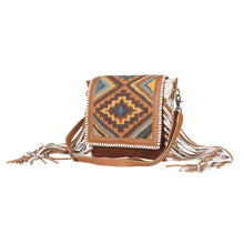 Load image into Gallery viewer, Myra Bag, Western Hand Tooled Leather Purse, Genuine Cowhide Purse, Canvas Purse Boho Chic, Leather Fringe, Aztec Design
