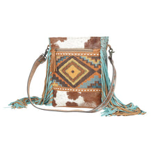 Load image into Gallery viewer, Myra Bag, Western Hand Tooled Leather Purse, Genuine Cowhide Purse, Canvas Purse, Boho Chic, Leather Fringe, Aztec Design
