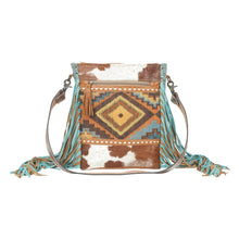 Load image into Gallery viewer, Myra Bag, Western Hand Tooled Leather Purse, Genuine Cowhide Purse, Canvas Purse, Boho Chic, Leather Fringe, Aztec Design
