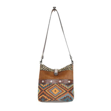 Load image into Gallery viewer, Myra Bag, Western Hand Tooled Leather Purse, Genuine Cowhide Purse, Canvas Purse, Boho Chic, Leather Fringe, Aztec Design
