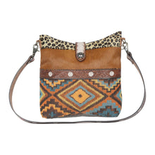 Load image into Gallery viewer, Myra Bag, Western Hand Tooled Leather Purse, Genuine Cowhide Purse, Canvas Purse, Boho Chic, Leather Fringe, Aztec Design
