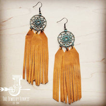 Load image into Gallery viewer, Leather Dream Cather Tassel Earrings, Western Earrings, Southwestern Style Earrings, Boho Earrings, Dream Cather Earrings, Dangle Earrings
