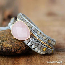 Load image into Gallery viewer, Rose Quartz bracelet, Howlite bracelet, boho style jewelry, boho wrap bracelet, natural stone bracelet, crystal bracelet, handmade wrap
