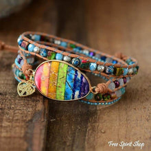 Load image into Gallery viewer, Rainbow bracelet, Chakra bracelet, boho festival, boho style jewelry, boho wrap bracelet, natural stone bracelet, handmade crystal bracelet
