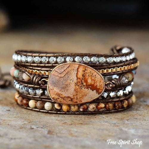 Picture Jasper bracelet, earthy bracelet, natural stone bracelet, crystal bracelet, handmade wrap bracelet, beaded wrap bracelet