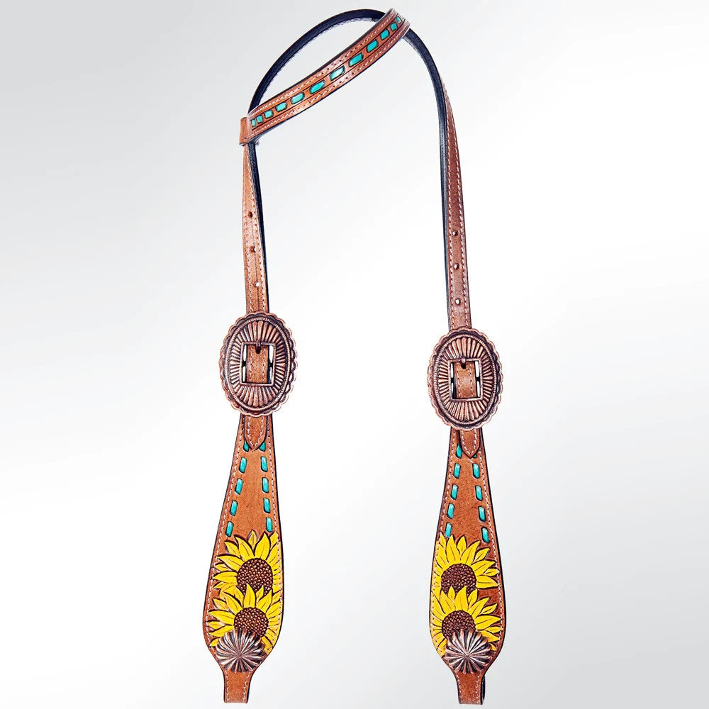 Western Hand Tooled Leather Headstall, Horse Headstall, Hand Painted Sunflower Headstall, Headstall Tack Set, Leather Headstall