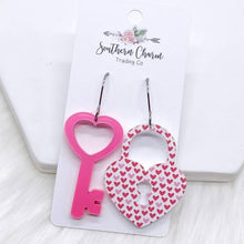 Load image into Gallery viewer, Valentines Day Heart Earrings, Valentine&#39;s Earrings, Pink Heart Earrings, Holiday Earrings, Heart Dangle Earrings, Key To My Heart Earrings
