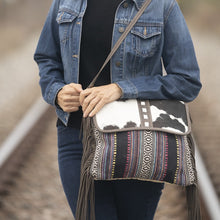 Load image into Gallery viewer, Western Purse, Leather Womens Purse, Cowhide Purse, Upcycled Canvas Purse, Leather Fringe Purse, American Darling Purse, Leather Purse
