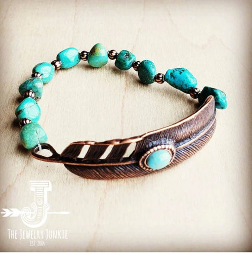 Copper Turquoise Bracelet, Western Bracelet, Turquoise Chunk Bracelet, Copper Feather Bracelet, Boho Bracelet