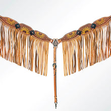 Load image into Gallery viewer, Western Hand Tooled Leather Breastcollar, Horse Breast Collar, Hand Painted Horse Collar, Fringe Bridle Collar, Hand Stitched Breast Collar
