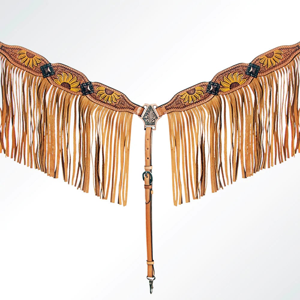 Western Hand Tooled Leather Breastcollar, Horse Breast Collar, Hand Painted Horse Collar, Fringe Bridle Collar, Hand Stitched Breast Collar