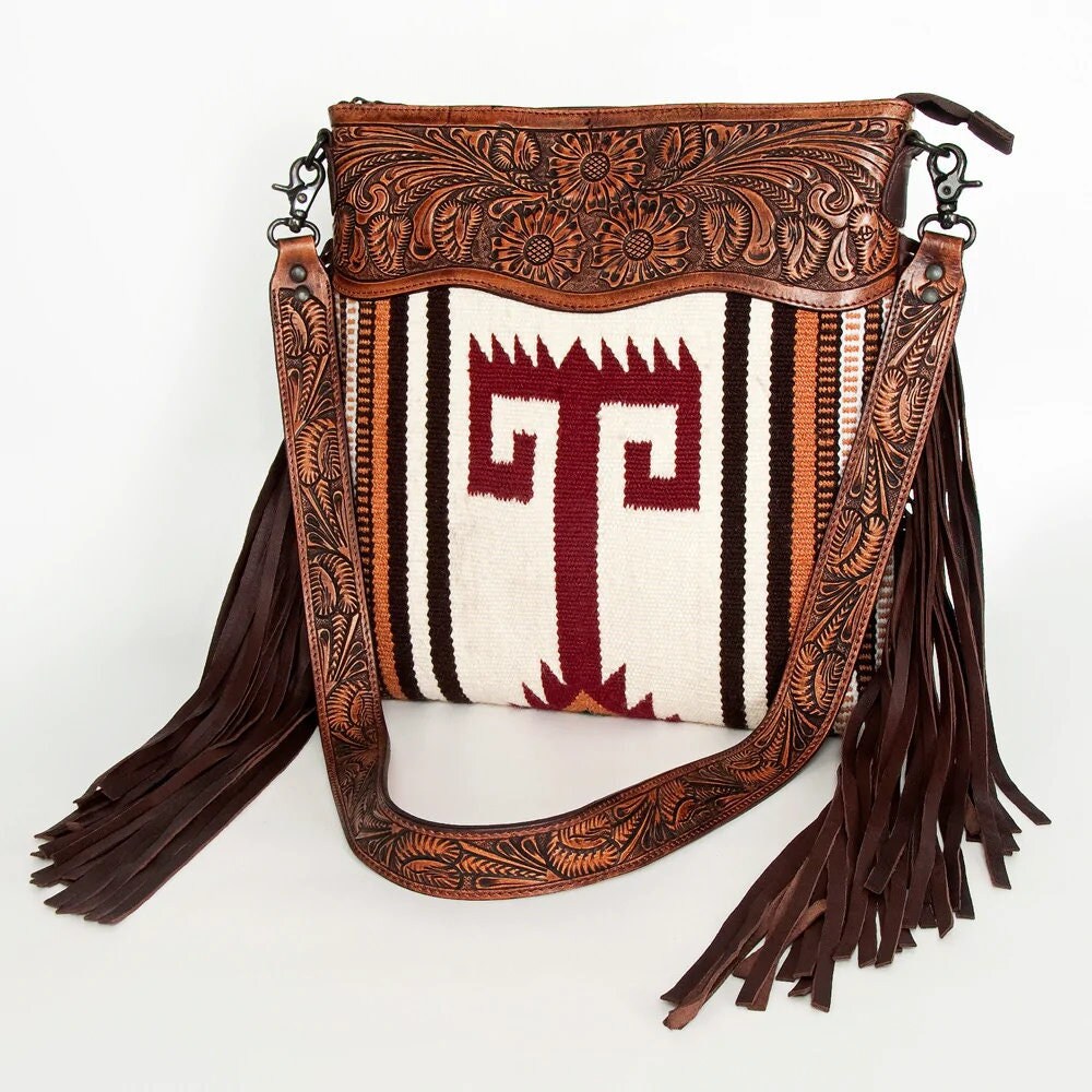 Western Hand Tooled Leather Purse, Cowhide Purse, Concealed Carry Purse, American Darling, Genuine Cowhide, Western Purse, Leather Fringe