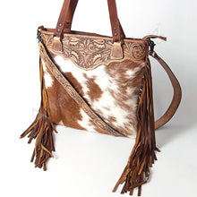 Load image into Gallery viewer, Western Hand Tooled Leather Purse, Concealed Carry Purse, Cowhide Purse, Saddle Blanket Bag, Genuine Cowhide, Western Purse, Leather Fringe
