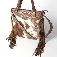 Load image into Gallery viewer, Western Hand Tooled Leather Purse, Concealed Carry Purse, Cowhide Purse, Saddle Blanket Bag, Genuine Cowhide, Western Purse, Leather Fringe
