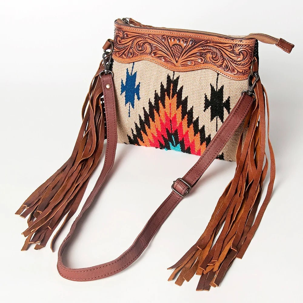 Western Hand Tooled Leather Purse, Concealed Carry Purse, Cowhide Purse, Saddle Blanket Bag, Genuine Cowhide, Western Purse, Leather Fringe